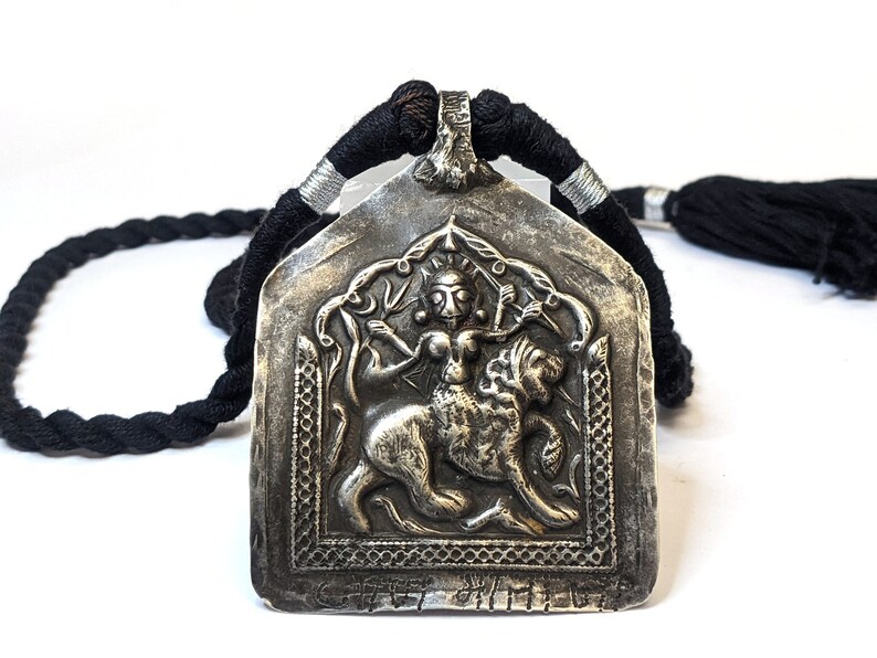 Antique Indian Amulet, Goddess Durga Amulet, Hindu Goddess Amulet, Rajasthan Amulet, High Grade Silver, Black Cotton Cord, 35 Grams 1.23oz image 1