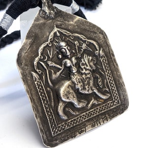 Antique Indian Amulet, Goddess Durga Amulet, Hindu Goddess Amulet, Rajasthan Amulet, High Grade Silver, Black Cotton Cord, 35 Grams 1.23oz image 2