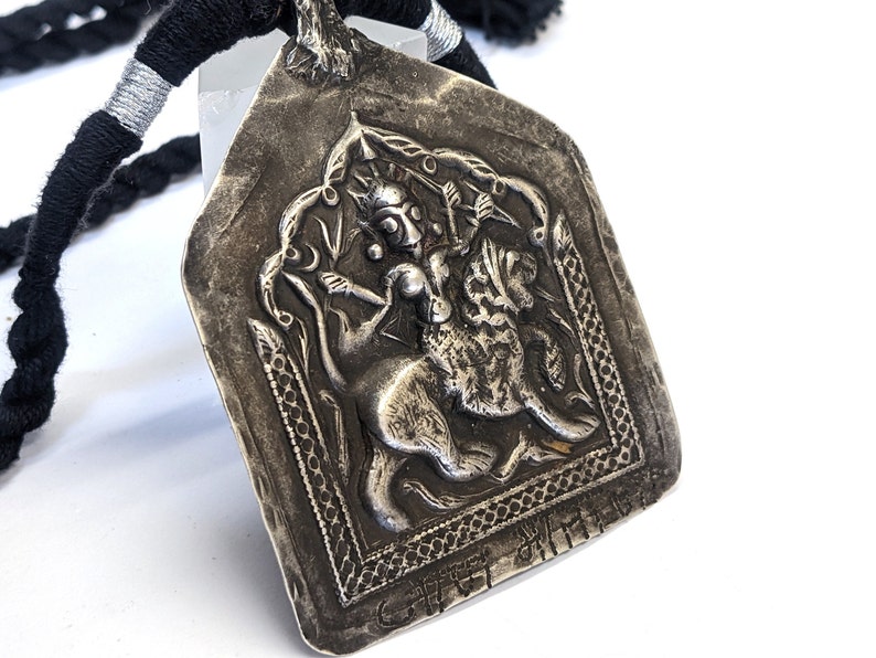 Antique Indian Amulet, Goddess Durga Amulet, Hindu Goddess Amulet, Rajasthan Amulet, High Grade Silver, Black Cotton Cord, 35 Grams 1.23oz image 2