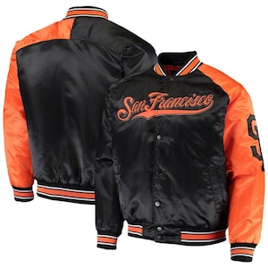 San Francisco Giants Black & Orange Satin Varsity Jacket – Retro Full Snap MLB Fan Bomber Jacket, Unisex
