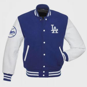 LA Dodgers Varsity Jacket, Blue Wool, Leather Sleeves, Embroidered MLB Bomber
