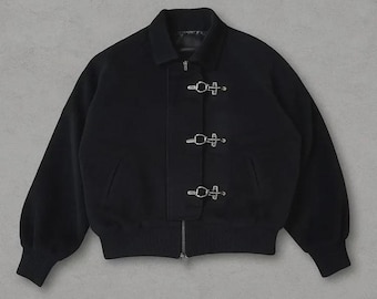 Vintage Wool Bomber Jacket – Rare Black Aviator Coat, Fireman