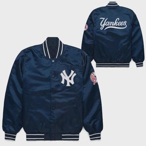 NY Yankees 90s Vintage Blue Satin MLB Bomber Jacket - Athletic Baseball Varsity