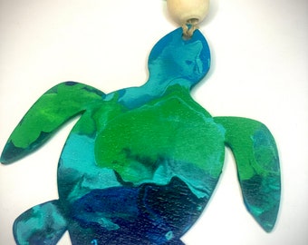 Sea Turtle Beach and Ocean Holiday Christmas Paint Pour Ornament