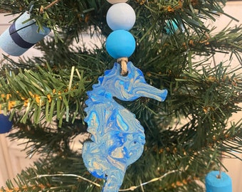 Seahorse Beach and Ocean Holiday Christmas Ornament Paint Pour