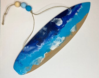 Surfboard Beach and Ocean Holiday Christmas Ornament Paint Pour