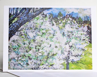 Blossoming Pear Trees - Original art greeting cards with envelopes, pack of 5 or 10 blank art print cards by Jessie Meehan