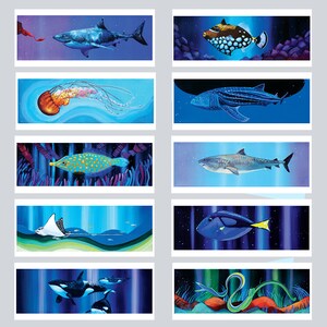 May include: A collection of ten colorful illustrations of various sea creatures, including a shark, a whale shark, a stingray, a jellyfish, a pufferfish, a moray eel, and a seahorse. The illustrations are set against a blue background with white stripes.