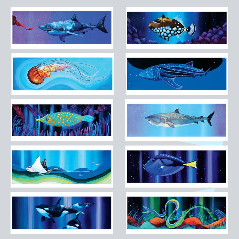 May include: A collection of ten colorful illustrations of various sea creatures, including a shark, a whale shark, a stingray, a jellyfish, a pufferfish, a moray eel, and a seahorse. The illustrations are set against a blue background with white stripes.