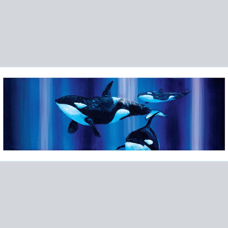 May include: A painting of three orcas swimming in a blue and purple ocean. The orcas are black and white with white markings around their eyes. The orcas are swimming in a group, with the largest orca in the front.