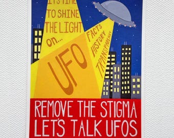 Remove the Stigma – Let’s Talk UFOs Sticker | Retro UFO Propaganda Art | Disclosure Gift