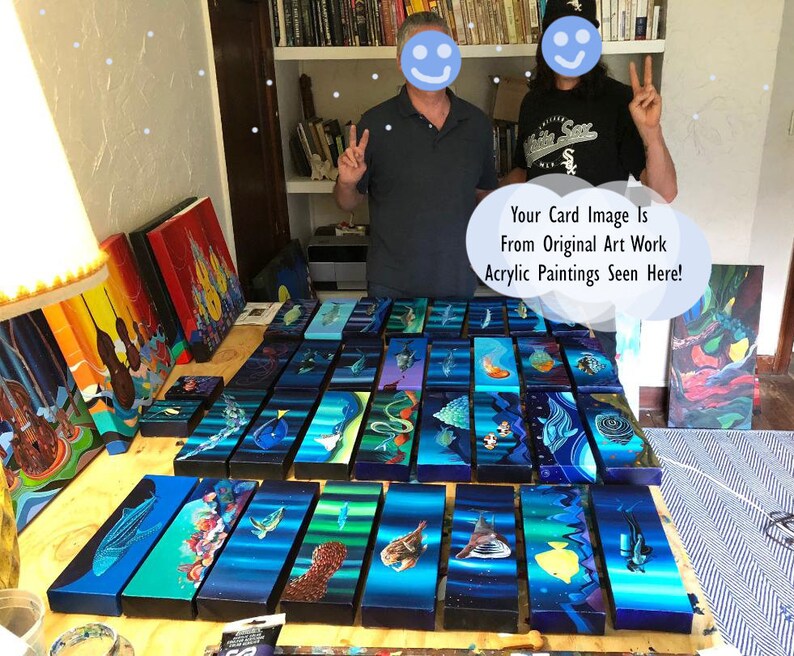 May include: A collection of colorful, abstract acrylic paintings on wooden panels. The paintings feature a variety of subjects, including fish, seashells, and other marine life. The text "Your Card Image Is From Original Art Work Acrylic Paintings Seen Here!" is visible in the image.