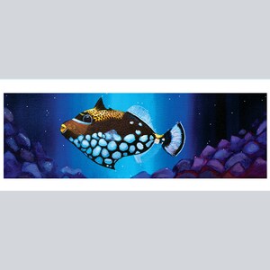 May include: A painting of a triggerfish swimming in a blue ocean. The fish is brown and black with blue and white spots. The background is a dark blue with white dots.
