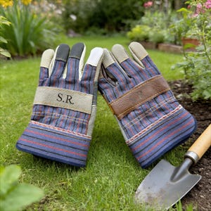 Puede incluir: Un par de guantes de jardinería con un diseño estampado en azul, rojo y blanco. Los guantes tienen una correa de cuero con las iniciales "S.R." y están sobre hierba verde. Guantes de jardinería.