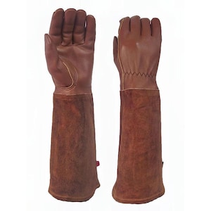 May include: A pair of brown leather gloves with long sleeves. The gloves are made of a smooth leather material on the hand and a suede-like material on the sleeves. The gloves are designed to protect the hands and arms.