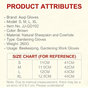 May include: Product attributes for Aoqi Gloves, including model sizes S, M, L, and XL. The gloves are brown, made of natural sheepskin and cowhide, and are designed for gardening and beekeeping. A size chart is also included, with measurements in centimeters.