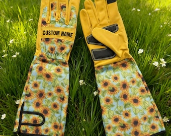 Personalized Sunflower Garden Gloves for Women, Custom Name Long Gardening Gloves, Flower Lover Gift
