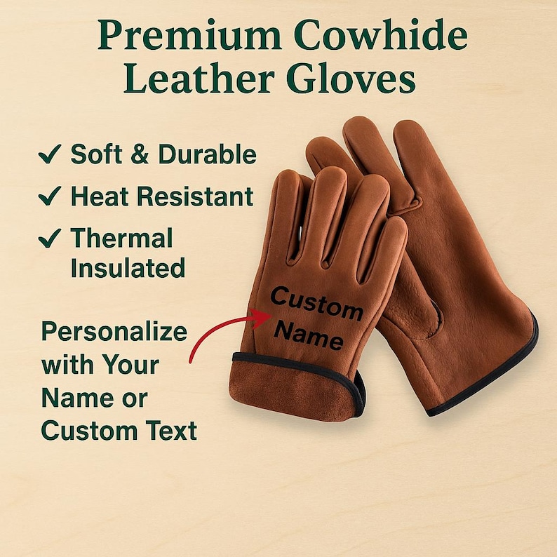 May include: Two brown cowhide leather gloves with black trim. The gloves are labeled "Premium Cowhide Leather Gloves" and feature the text "Soft & Durable", "Heat Resistant", and "Thermal Insulated". The gloves can be personalized with a name or custom text.