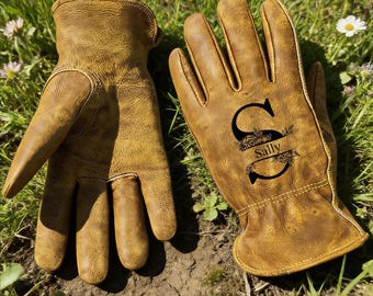 Personalized Vintage Leather Gardening Gloves: Engraved Garden Gift