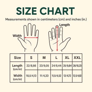 May include: A size chart with the title "SIZE CHART" in dark green text. The chart includes hand illustrations with length and width measurements in centimeters (cm) and inches (in.). Measurements are provided for sizes S, M, L, XL, and XXL.