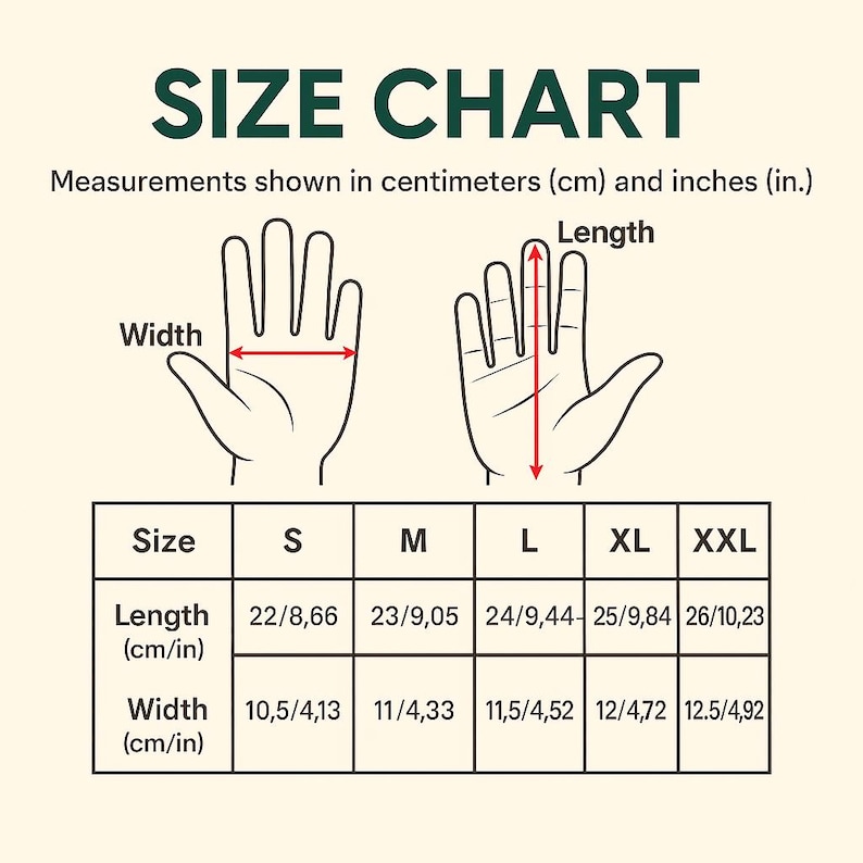 May include: A size chart with the title "SIZE CHART" in dark green text. The chart includes hand illustrations with length and width measurements in centimeters (cm) and inches (in.). Measurements are provided for sizes S, M, L, XL, and XXL.