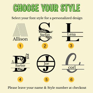 May include: Image showcasing six personalized design font styles. The text "CHOOSE YOUR STYLE" is at the top. Each style features a name and number, including "Allison 1," "Stefan 2," "Lena 3," "Barbie 4," "Joe 5," and "corl 6." Instructions are provided.
