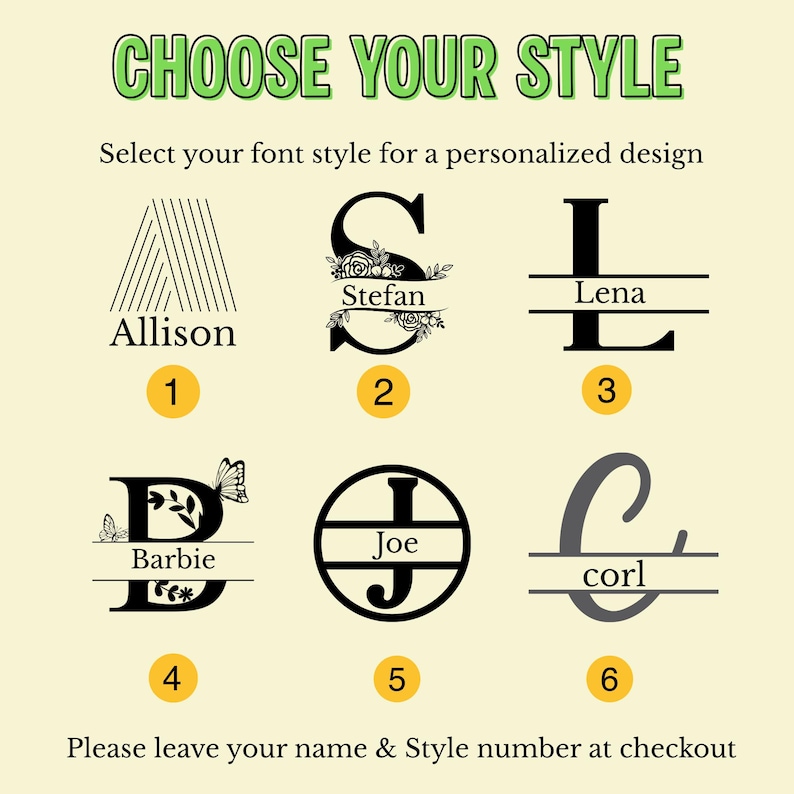 May include: Image showcasing six personalized design font styles. The text "CHOOSE YOUR STYLE" is at the top. Each style features a name and number, including "Allison 1," "Stefan 2," "Lena 3," "Barbie 4," "Joe 5," and "corl 6." Instructions are provided.