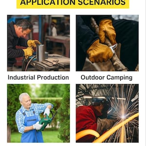 May include: Image showcasing application scenarios with the text "APPLICATION SCENARIOS". The scenarios include industrial production, outdoor camping, gardening work, and welding protection. Each scenario features a person performing the activity.