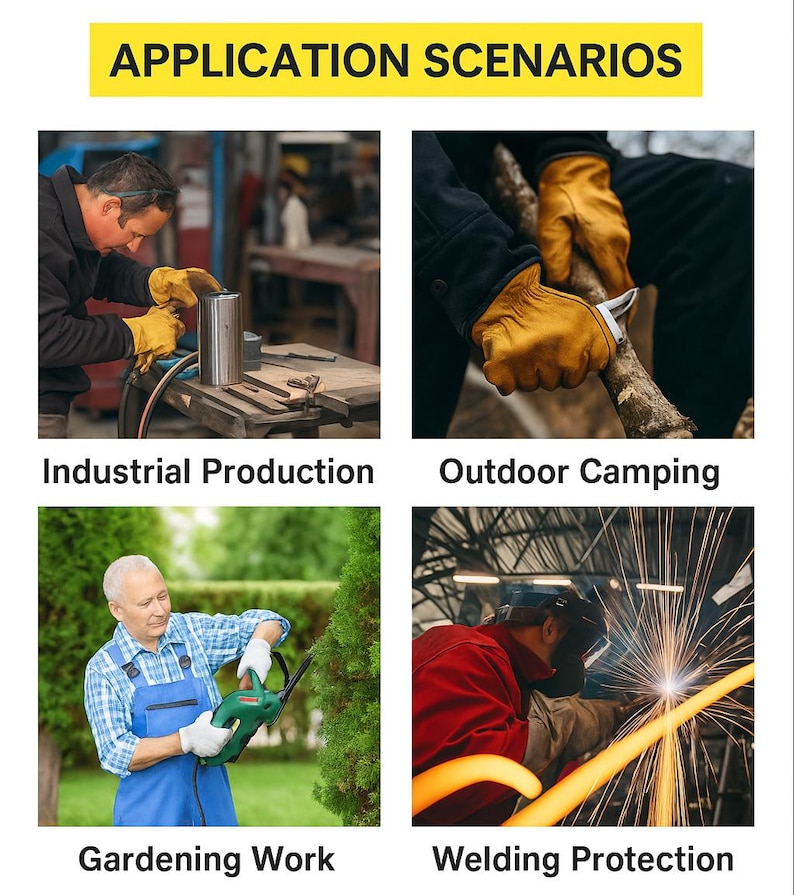 May include: Image showcasing application scenarios with the text "APPLICATION SCENARIOS". The scenarios include industrial production, outdoor camping, gardening work, and welding protection. Each scenario features a person performing the activity.