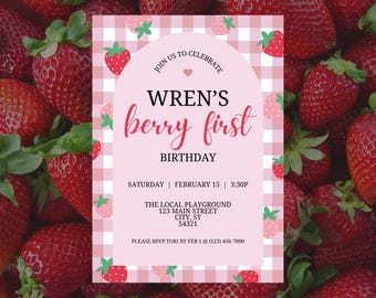 Berry First Birthday Invitation Template, 1st Birthday Girl Invitation, Strawberry Birthday Invitation Template Printable, Girl Birthday