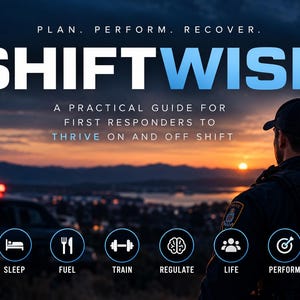 Op de afbeelding: Een boekomslag met de titel SHIFTWISE: A PRACTICAL GUIDE FOR FIRST RESPONDERS TO THRIVE ON AND OFF SHIFT. Het ontwerp toont een hulpverlener in uniform die uitkijkt over een zonsondergang, met zes ronde iconen voor SLEEP, FUEL, TRAIN, REGULATE, LIFE, PERFORM.
