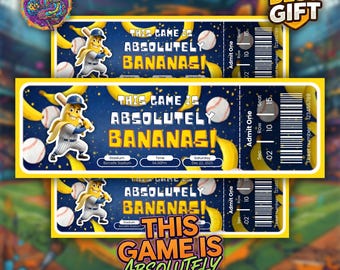 Editable Banana Baseball Ticket, Surprise Trip Reveal Gift, Funny Fruit Baseball Game Souvenir, Printable Yellow Keepsake, Instant Download