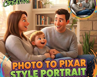 Pixar Style Portrait from Photo, Custom 3D Cartoon Family Drawing, Digital Couple Pet Art, Animated Movie Illustration, Anniversary Gift