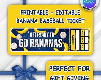 Blank Banana Baseball Ticket, Editable Baseball Ticket Template, Custom Fake Baseball Ticket, Printable Sports Ticket, Instant Download