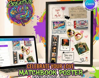 Matchbook Poster Template, Custom Matchbox Art, Editable in Canva, Anniversary Gift for Him& Her, Printable Couple WallArt, Digital Download