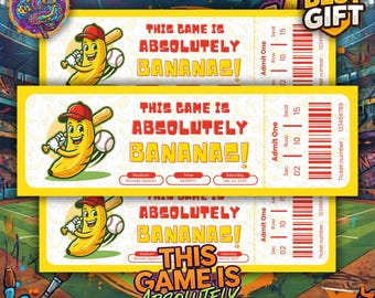Printable Banana Baseball Ticket, Funny Banana Baseball Gift, Editable Game Ticket, Baseball Birthday Gift, Keepsake, Instant Download