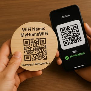 Op de afbeelding: Een ronde houten onderzetter met WiFi-gegevens: "WiFi Name: MyHomeWiFi", "Password: Welcome123" en een QR-code. Een smartphone toont een vergelijkbare QR-code en de WiFi-netwerknaam.