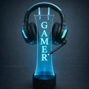 Custom Engraved LED Headphone Stand, RGB Gamer Desk Setup, Acrylic Headset Holder