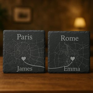 Custom Couple City Map Slate Coasters, Engraved Gift for Anniversary, Long Distance Love, Personalized with Names and City Locations
