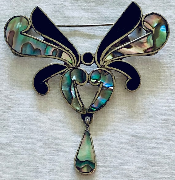 Vintage Abalone, Onyx & Sterling Mexican deco bro… - image 1