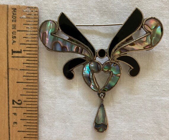 Vintage Abalone, Onyx & Sterling Mexican deco bro… - image 3