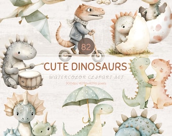 82 Watercolor Dinosaurs Clipart, Cute Dinosaurs PNG, Baby Shower, Nursery Decor, Baby Dino Birthday, Dinosaur Nursery, Commercial Use