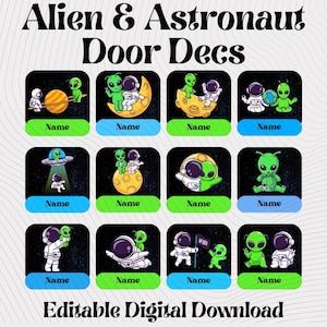 Op de afbeelding: Digitale deurstickers met alien- en astronautontwerpen. Elke sticker heeft een zwarte achtergrond met een kleurrijke illustratie van een alien en een astronaut. De stickers zijn gelabeld met de tekst "Name" en zijn beschikbaar als een bewerkbare digitale download.
