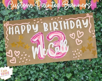 Custom Hand-Painted 13th Birthday Banner: Disco Ball & Tulips