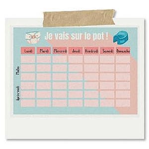 Peut inclure: Un tableau bleu et rose avec le texte "Je vais sur le pot !" et les jours de la semaine en haut : Lundi, Mardi, Mercredi, Jeudi, Vendredi, Samedi, Dimanche. Le tableau a deux colonnes intitulées "Matin" et "Après-midi".