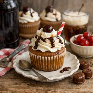 May include: A cupcake with white frosting, chocolate drizzle, and a cherry on top sits on a white plate with a spoon. Other cupcakes, a drink, cherries, and chocolates are in the background. A red and white striped straw is in the cupcake.