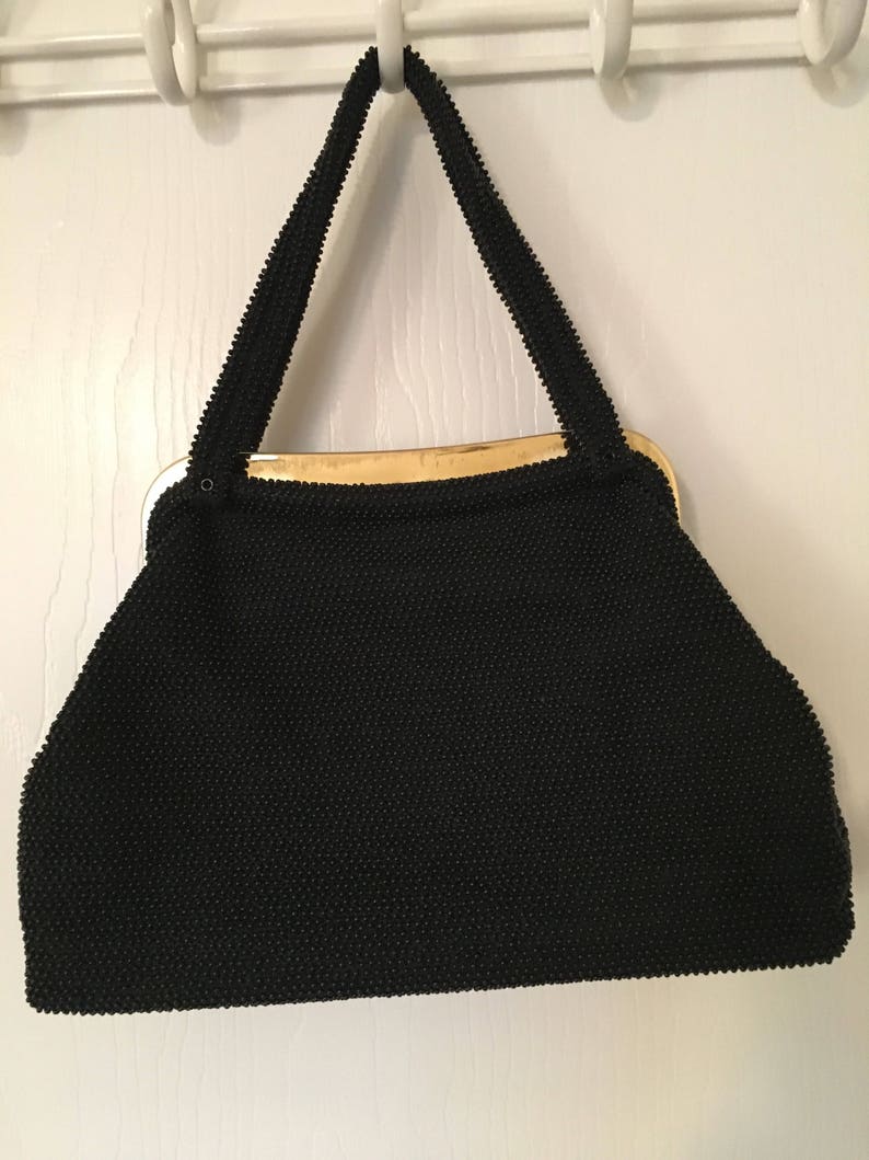 Black Beaded Two Handles Purse