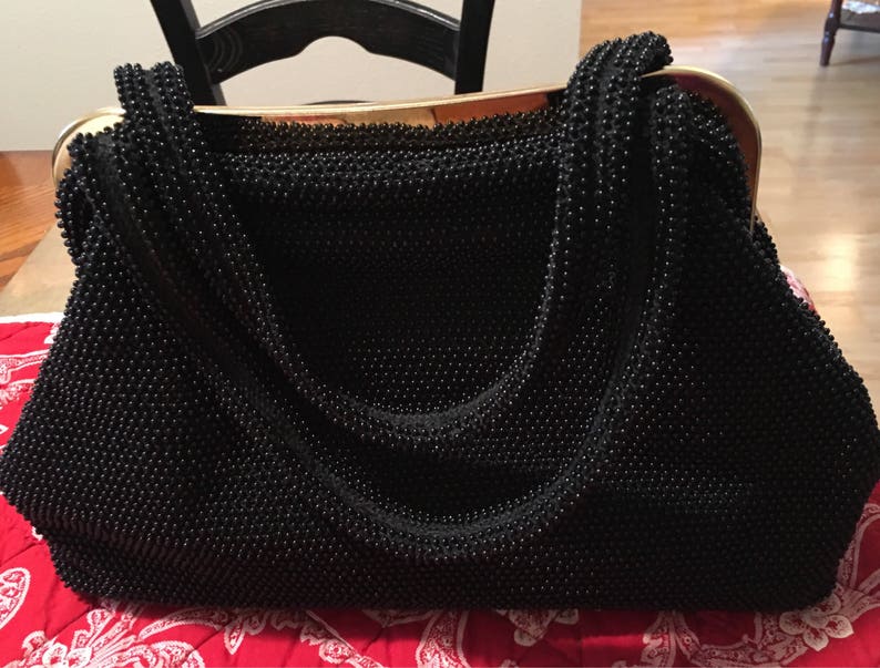 Black Beaded Two Handles Purse