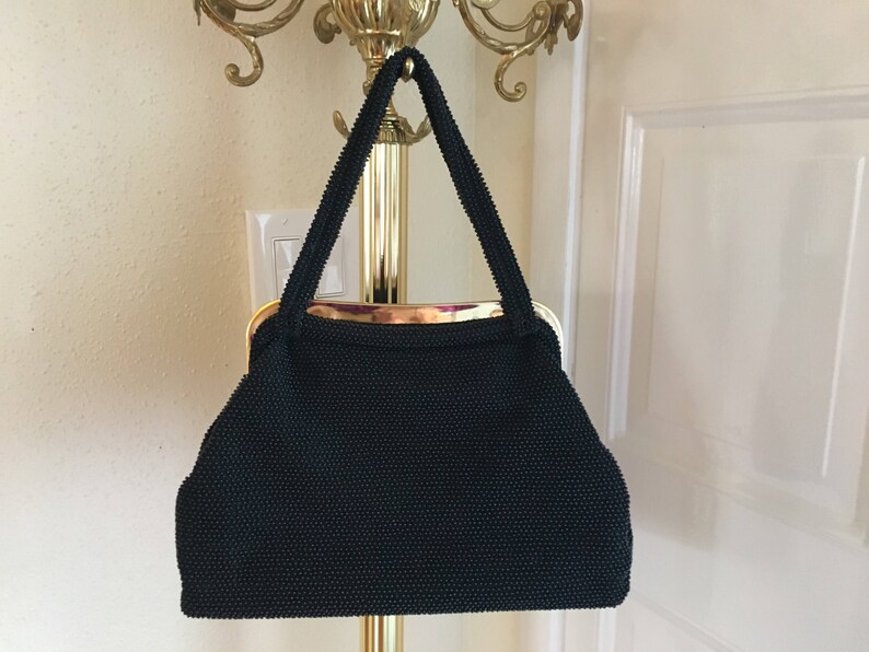 Black Beaded Two Handles Purse