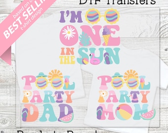 Transferencia DTF de cumpleaños de ONE in the Sun: camiseta de cumpleaños de niña, temática de verano tropical, camisetas a juego para mamá y papá, transferencia de camiseta DIY, salpicadura de piscina